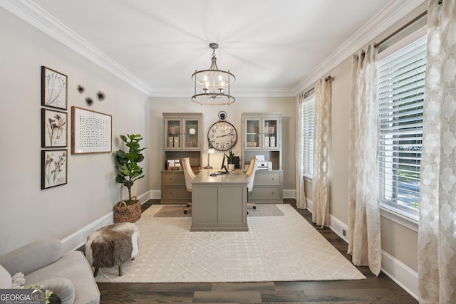 15305 Highgrove Rd, Milton, GA 30004 - office area featuring a chandelier, ornamental molding, and dark wood-type flooring