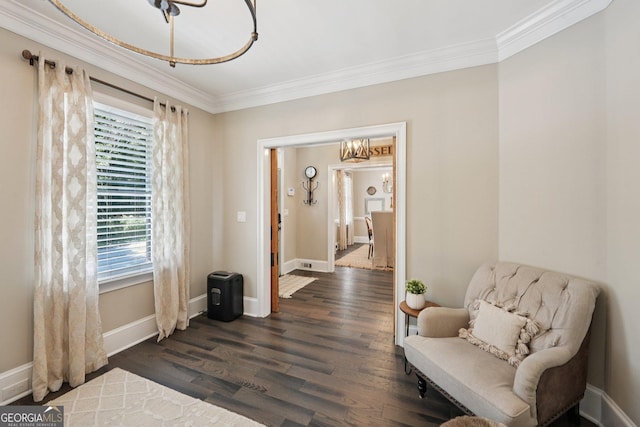 15305 Highgrove Rd, Milton, GA 30004 - sitting room with crown molding, a chandelier, and dark wood-type flooring