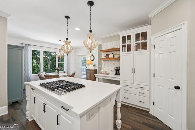 15305 Highgrove Rd, Milton, GA 30004 - kitchen featuring stainless steel gas stovetop, a chandelier, dark wood-style flooring, white cabinets, and recessed lighting