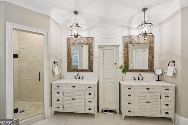 15305 Highgrove Rd, Milton, GA 30004 - bathroom with marble look tiles, a stall shower, two vanities, and crown molding