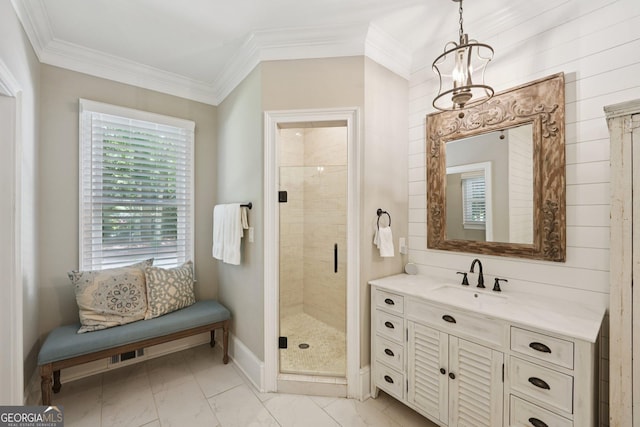 15305 Highgrove Rd, Milton, GA 30004 - bathroom featuring a stall shower, vanity, crown molding, and marble look tiles