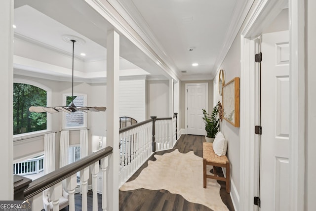15305 Highgrove Rd, Milton, GA 30004 - hallway with crown molding, wood finished floors, an upstairs landing, and recessed lighting