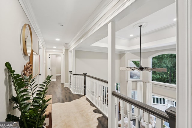 15305 Highgrove Rd, Milton, GA 30004 - hallway with crown molding, wood finished floors, and recessed lighting
