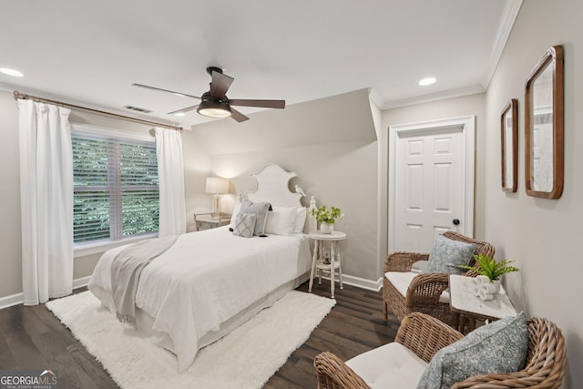 15305 Highgrove Rd, Milton, GA 30004 - bedroom featuring ornamental molding, dark wood-style floors, recessed lighting, and a ceiling fan