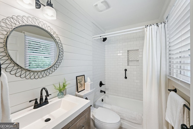 15305 Highgrove Rd, Milton, GA 30004 - bathroom with shower / bath combination with curtain, ornamental molding, vanity, and wooden walls