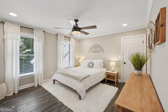 15305 Highgrove Rd, Milton, GA 30004 - bedroom featuring dark wood-style floors, ornamental molding, recessed lighting, and ceiling fan