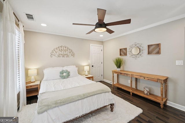 15305 Highgrove Rd, Milton, GA 30004 - bedroom with dark wood finished floors, recessed lighting, crown molding, and ceiling fan