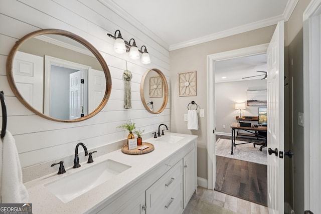 15305 Highgrove Rd, Milton, GA 30004 - full bath featuring crown molding, double vanity, and wood finished floors