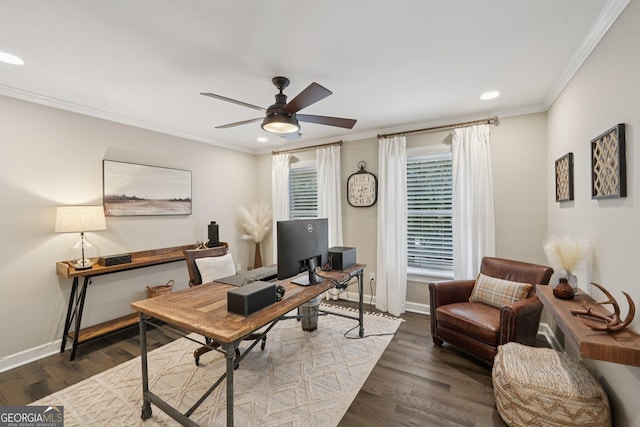 15305 Highgrove Rd, Milton, GA 30004 - home office featuring recessed lighting, a ceiling fan, crown molding, and wood finished floors