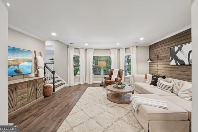 15305 Highgrove Rd, Milton, GA 30004 - living room featuring wood finished floors, plenty of natural light, recessed lighting, wooden walls, and stairs