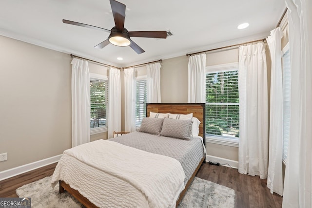 15305 Highgrove Rd, Milton, GA 30004 - bedroom featuring dark wood-type flooring, crown molding, a ceiling fan, and recessed lighting