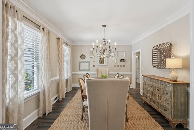 15305 Highgrove Rd, Milton, GA 30004 - dining space featuring a chandelier, dark wood-style flooring, and crown molding