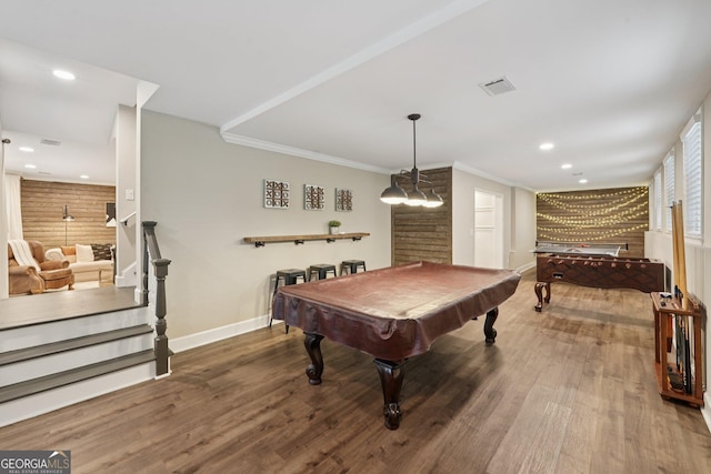 15305 Highgrove Rd, Milton, GA 30004 - recreation room with wood finished floors, billiards table, recessed lighting, and ornamental molding