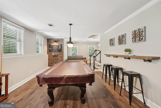 15305 Highgrove Rd, Milton, GA 30004 - rec room featuring wood finished floors, billiards, and crown molding