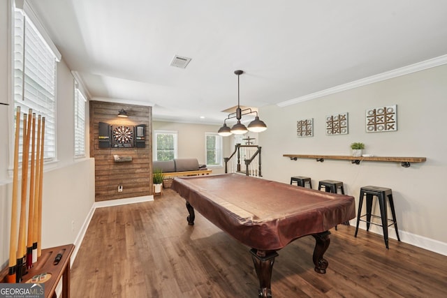 15305 Highgrove Rd, Milton, GA 30004 - recreation room featuring wood finished floors, billiards table, and ornamental molding