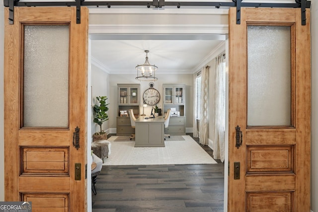 15305 Highgrove Rd, Milton, GA 30004 - entrance foyer featuring a barn door, wood finished floors, and crown molding