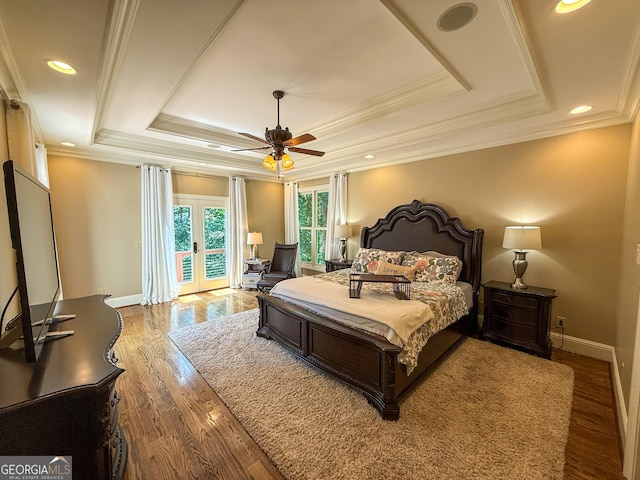 286 Timberlake Dr, Martin, GA 30557 - bedroom featuring a raised ceiling, access to outside, ornamental molding, wood finished floors, and recessed lighting