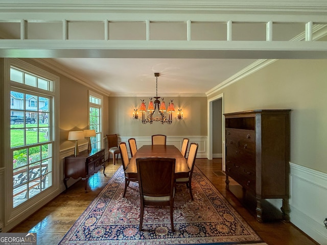 286 Timberlake Dr, Martin, GA 30557 - dining space with a chandelier, crown molding, a wainscoted wall, dark wood-style flooring, and a decorative wall