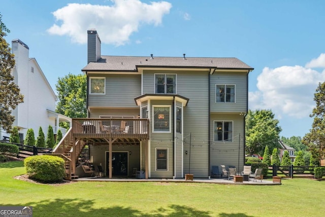 9320 Old Preserve Trl, Ball Ground, GA 30107 - rear view of house featuring a wooden deck, a patio area, stairway, and a chimney