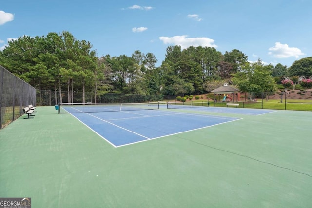 9320 Old Preserve Trl, Ball Ground, GA 30107 - view of tennis court with view of scattered trees and a gazebo