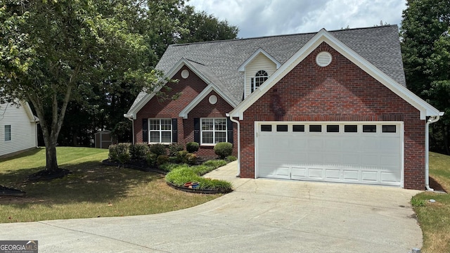 3066 Gem Creek Rd, Buford, GA 30519 - traditional-style home featuring concrete driveway, brick siding, a front lawn, an attached garage, and a shingled roof