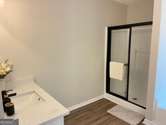 3066 Gem Creek Rd, Buford, GA 30519 - full bathroom featuring wood finished floors, vanity, and a shower stall