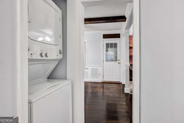 1747 Parkhill Dr, Decatur, GA 30032 - laundry room featuring stacked washer / drying machine and wood finished floors