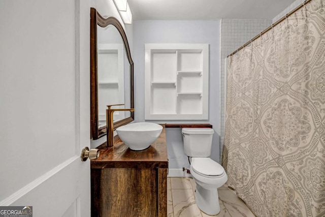 1747 Parkhill Dr, Decatur, GA 30032 - full bath featuring vanity, marble finish flooring, and curtained shower