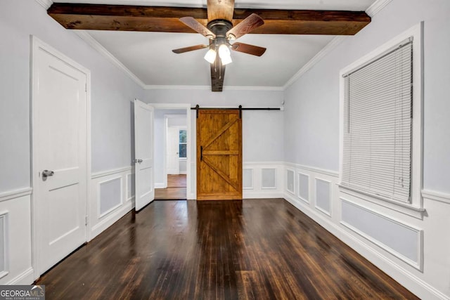 1747 Parkhill Dr, Decatur, GA 30032 - spare room with ceiling fan, wood finished floors, a barn door, ornamental molding, and a wainscoted wall