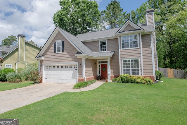 2427 Camata Pl, Marietta, GA 30066 - traditional-style home featuring concrete driveway, a chimney, a shingled roof, and a garage