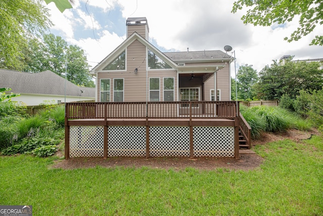 2427 Camata Pl, Marietta, GA 30066 - back of property featuring a deck, a ceiling fan, a chimney, and stairway