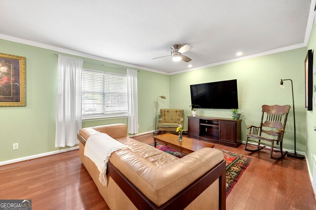3149 Buford Hwy NE, Atlanta, GA 30329 - living room with wood finished floors, ceiling fan, and ornamental molding