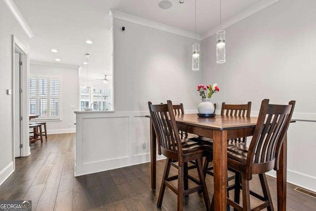 18 Peachtree Ave NE Unit 5, Atlanta, GA 30305 - dining space featuring crown molding, dark wood finished floors, wainscoting, and recessed lighting
