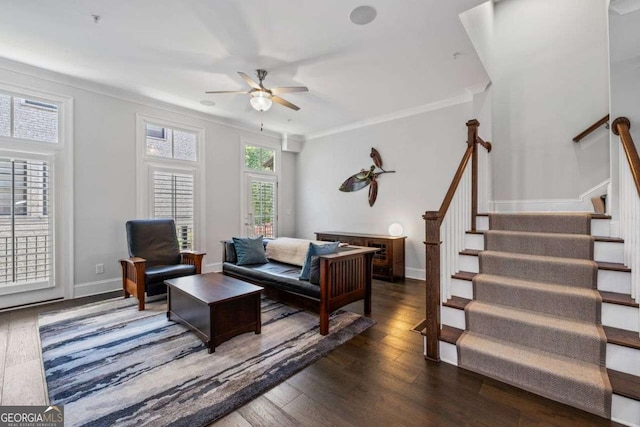 18 Peachtree Ave NE Unit 5, Atlanta, GA 30305 - living area with stairway, a ceiling fan, dark wood finished floors, and crown molding
