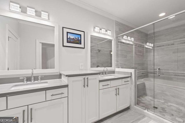 18 Peachtree Ave NE Unit 5, Atlanta, GA 30305 - full bathroom featuring crown molding, two vanities, marble look tile flooring, a shower stall, and recessed lighting