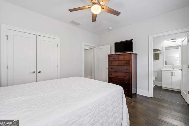 18 Peachtree Ave NE Unit 5, Atlanta, GA 30305 - bedroom featuring dark wood-style flooring, a closet, ceiling fan, and ensuite bathroom