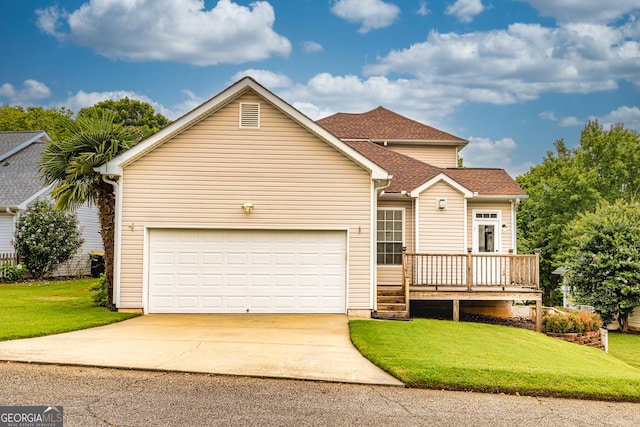 24 Arendt Park Ln, Newnan, GA 30263 - view of front of house featuring driveway, a front yard, a wooden deck, and roof with shingles