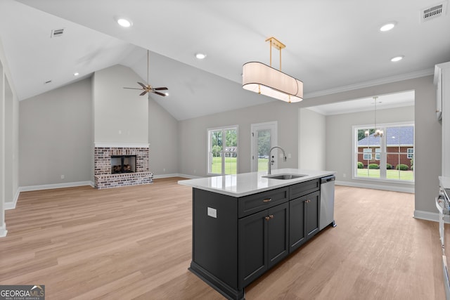 10 Honeysuckle Dr, Claxton, GA 30417 - kitchen featuring dishwasher, light countertops, ceiling fan, pendant lighting, and light wood-style flooring