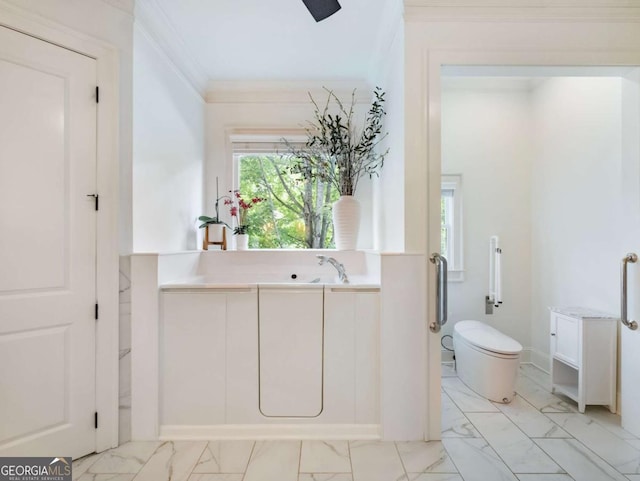 2392 Crimson King Dr, Braselton, GA 30517 - bathroom with marble finish flooring, a garden tub, ornamental molding, and vanity