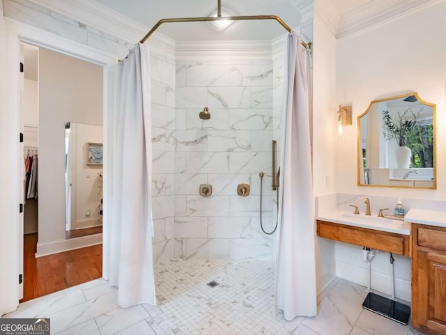 2392 Crimson King Dr, Braselton, GA 30517 - bathroom featuring marble finish floors, tiled shower, ornamental molding, and vanity