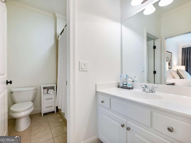 2392 Crimson King Dr, Braselton, GA 30517 - full bathroom featuring vanity, tile patterned flooring, crown molding, and curtained shower