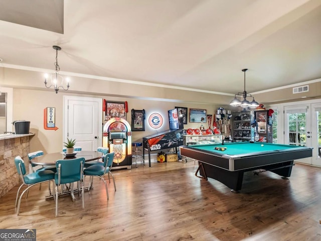 2392 Crimson King Dr, Braselton, GA 30517 - playroom with billiards, ornamental molding, wood finished floors, and french doors