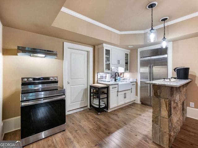 2392 Crimson King Dr, Braselton, GA 30517 - kitchen featuring stainless steel appliances, under cabinet range hood, wood finished floors, glass insert cabinets, and white cabinets