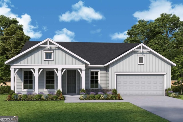 580 Barnfield Way, Dallas, GA 30157 - view of front of house with board and batten siding, concrete driveway, a front lawn, and roof with shingles
