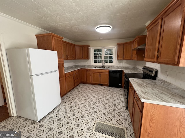 9 Henry St, Statesboro, GA 30458 - kitchen featuring freestanding refrigerator, black dishwasher, electric stove, brown cabinets, and ornamental molding