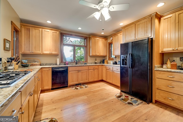 4 Dean Ln, Tiger, GA 30576 - kitchen with black appliances, light wood-style flooring, a ceiling fan, light brown cabinets, and recessed lighting