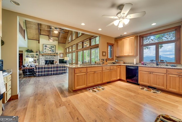 4 Dean Ln, Tiger, GA 30576 - kitchen with dishwasher, a ceiling fan, a peninsula, a stone fireplace, and plenty of natural light