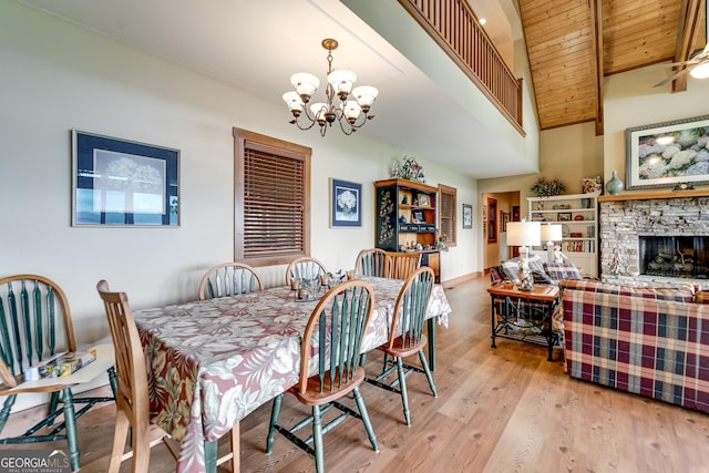 4 Dean Ln, Tiger, GA 30576 - dining room featuring a chandelier, wood finished floors, a fireplace, and wooden ceiling