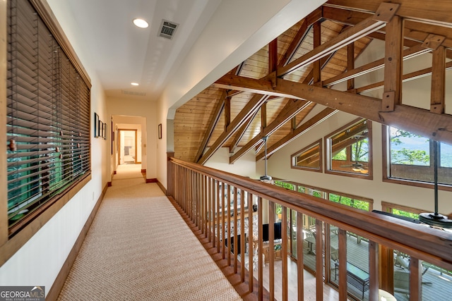 4 Dean Ln, Tiger, GA 30576 - hallway featuring recessed lighting, high vaulted ceiling, and light colored carpet