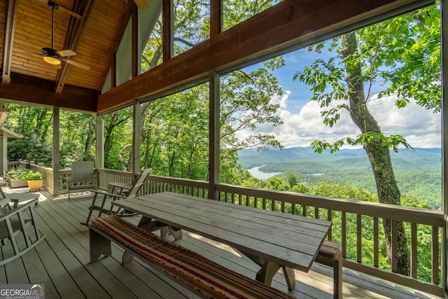 4 Dean Ln, Tiger, GA 30576 - wooden deck with outdoor dining space, ceiling fan, and a mountain view